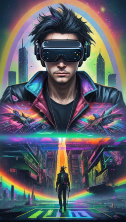 Man in virtual reality glasses and a fantasy city of the future, vertical illustration, cyberpunk style. AI generative. Illustration in cyberpunk style.の素材
