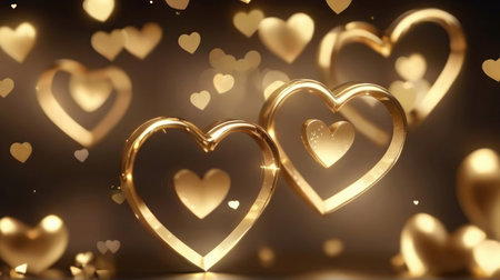 Horizontal background, wedding, Valentine's day. Golden bokeh in the shape of hearts and golden hearts. AI generative. Illustration in photorealistic style.の素材
