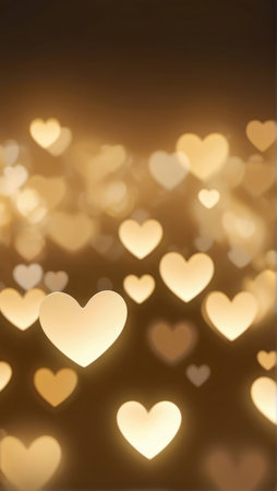Vertical background, wedding, Valentine's day. Golden bokeh in the shape of hearts. AI generative. Illustration in photorealistic style.の素材