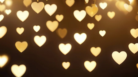 Horizontal background, wedding, Valentine's day. Golden bokeh in the shape of hearts. AI generative. Illustration in photorealistic style.の素材