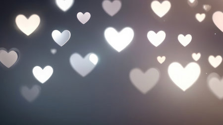 Horizontal background, wedding, Valentine's day. Silver bokeh in the shape of hearts. AI generative. Illustration in photorealistic style.の素材