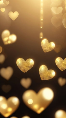 Vertical background, wedding, Valentine's day. Golden bokeh in the shape of hearts on a dark background. AI generative. Illustration in photorealistic style.の素材