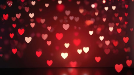 Horizontal background, wedding, Valentine's day. Red bokeh in the shape of hearts on a dark red background. AI generative. Illustration in photorealistic style.の素材