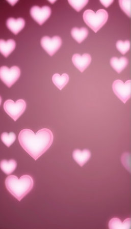 Vertical background, wedding, Valentine's day. Pink bokeh in the shape of hearts. AI generative. Illustration in photorealistic style.の素材