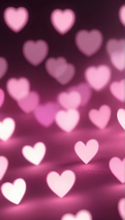 Vertical background, wedding, Valentine's day. Pink bokeh in the shape of hearts on a dark background. AI generative. Illustration in photorealistic style.の素材