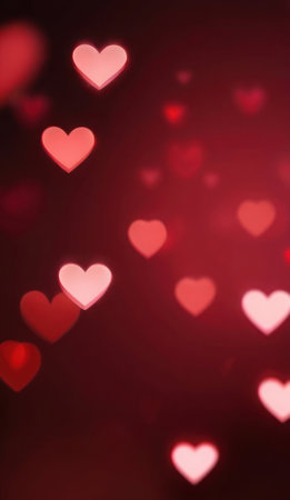 Vertical background, wedding, Valentine's day. Red bokeh in the shape of hearts. AI generative. Illustration in photorealistic style.の素材