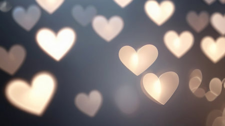 Horizontal background, wedding, Valentine's day. Silver bokeh in the shape of hearts on a dark background. AI generative. Illustration in photorealistic style.の素材