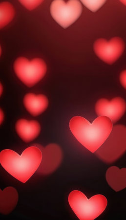 Vertical background, wedding, Valentine's day. Red bokeh in the shape of hearts on a dark background. AI generative. Illustration in photorealistic style.の素材