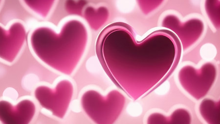 Horizontal background, wedding, Valentine's day. Pink glowing hearts on a pink background. AI generative. Illustration in photorealistic style.の素材