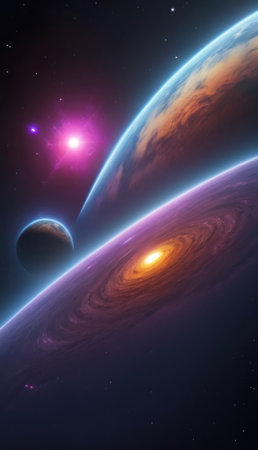 Open space, planets and galaxies, vertical background. AI generative. Illustration in photorealistic style.の素材