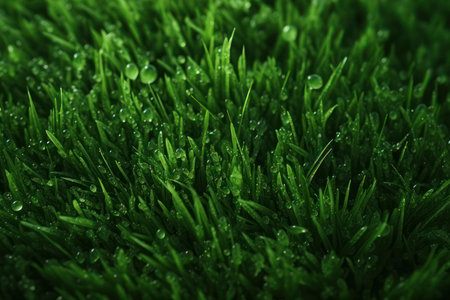 Background, texture, green grass and water drops. Background for the site, application. AI generative. Illustration in photorealistic style.の写真素材