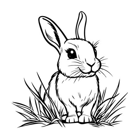 Coloring for kids, rabbit in the grass, vector. Black outline on a white background. Vector illustration.のイラスト素材