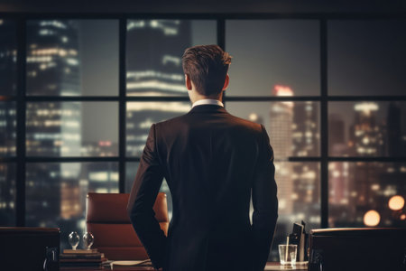 A man in a suit in the office stands with his back, a businessman. AI generative. Illustration in photorealistic style.の素材