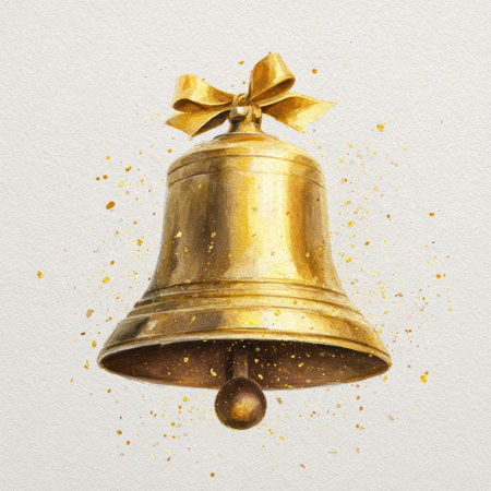 Watercolor New Year's illustration, a golden New Year's bell on a white background. AI generative. Background for a postcard, website, or banner.の素材