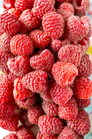 A beautiful selection of freshly picked ripe red raspberries.の写真素材