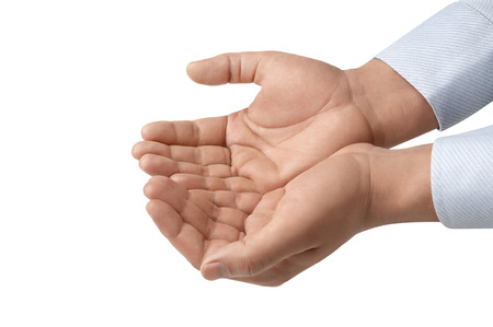 Open a man's hand, palm up isolated on white backgroundの写真素材