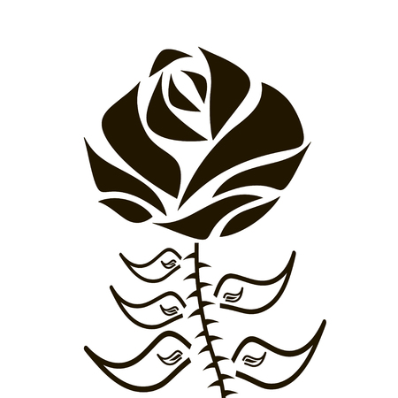 Black silhouette of rose with leaves.のイラスト素材