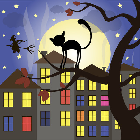 Halloween cat on tree night moon starsのイラスト素材