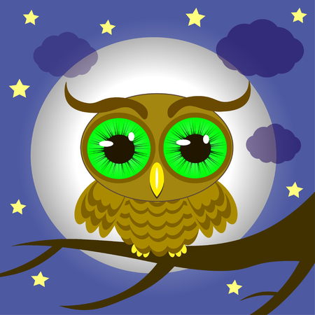 owl on tree night moon stars beautiful illustrationのイラスト素材
