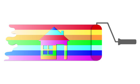House renovation icon. Painting services icon. Colorful paint roller with house and banner for you text. Easy to change color.のイラスト素材