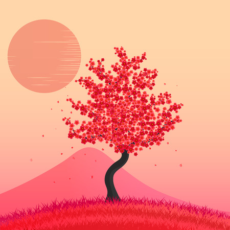 Beautiful cherry tree flowers grass nature mountain.のイラスト素材