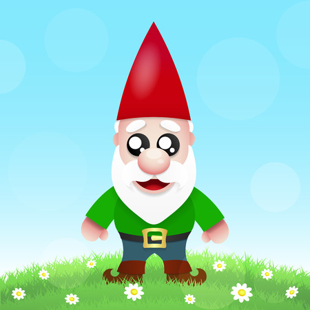 Cute Cartoon Garden Gnomes Standing Among the Flowers. Vector Illustrationのイラスト素材