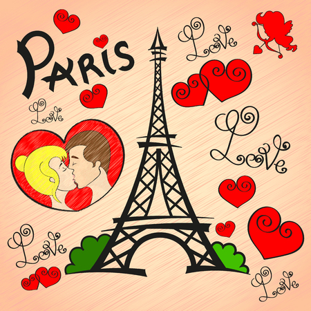 Vector hand drawn illustration with Eiffel tower. Paris. Take me to Parisのイラスト素材