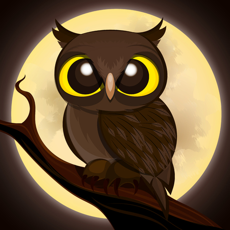 Cartoon owl on moon background.Halloween poster.Vector illustrationのイラスト素材