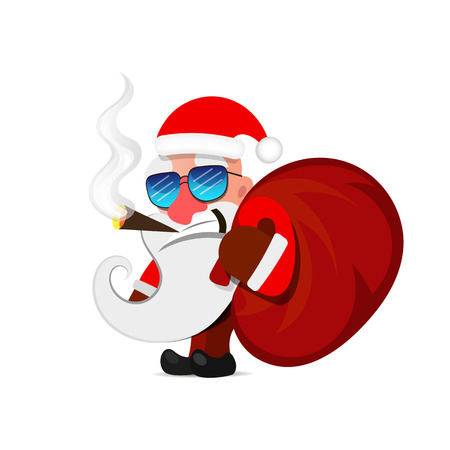Santa Claus pulls a heavy bag full of gifts. Merry Christmas.のイラスト素材