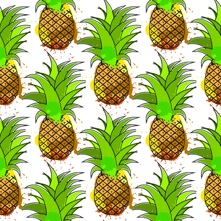 Vector tropical pattern. Fresh ripe pineapples and palm leaves. Hand drawn seamless background.のイラスト素材
