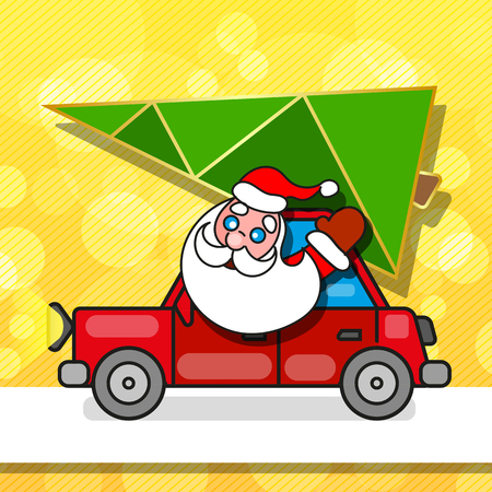 Christmas card with Santa Claus in red car against winter forest background and moon sky. New Year design postcard in retro style.のイラスト素材