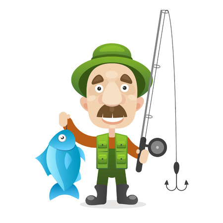 Happy fisherman character hold big fish in flat cartoon illustration.のイラスト素材