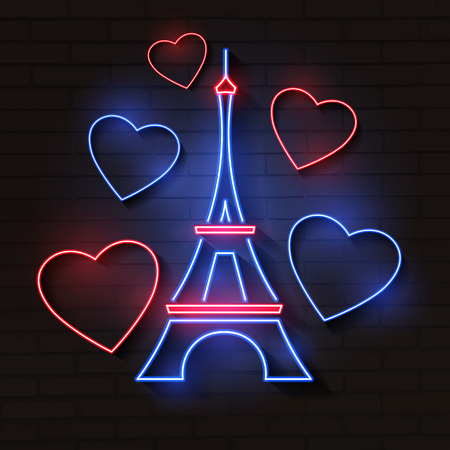 Eiffel tower in neon light on brick backgroundのイラスト素材
