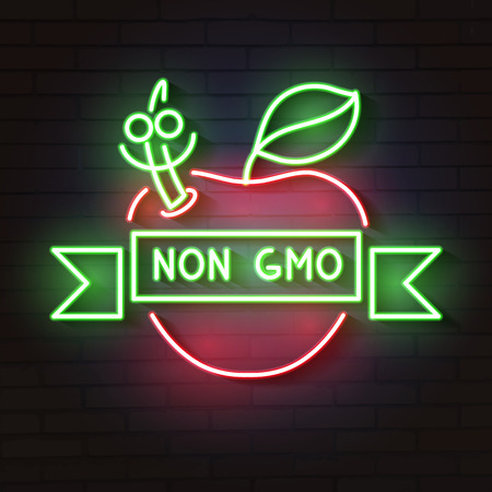 Neon apple icon.Non GMO. Decoration and advertising theme. Colorful design. Vector illustrationのイラスト素材