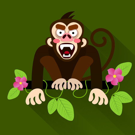 Cute cartoon baby monkey hanging on tree, vector illustrationのイラスト素材