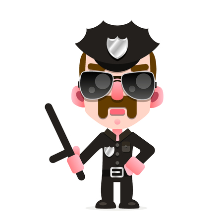 A police officer in an American Police uniform with a baton , and sunglasses, vector illustration.のイラスト素材