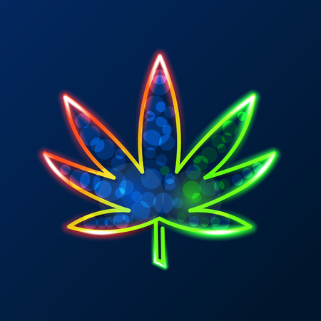 Medical Cannabis Logo with Marijuana Leaf Glowing Neon Light Style Green on Dark Brick Wall Background - Vectorのイラスト素材