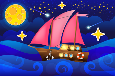 vector illustration sea ship in moon nightのイラスト素材