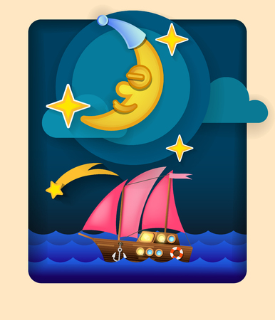 Paper art moon, fluffy clouds and stars in midnight.Origami paper art style. Vector illustration.のイラスト素材
