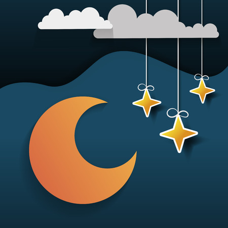 Paper art moon, fluffy clouds and stars in midnight.Origami paper art style. Vector illustration.のイラスト素材