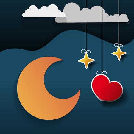 Paper art moon, fluffy clouds and stars in midnight.Origami paper art style. Vector illustration.のイラスト素材