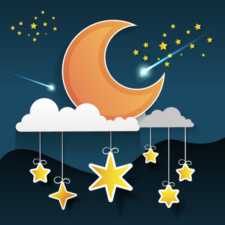 Paper art moon, fluffy clouds and stars in midnight.Origami paper art style. Vector illustration.のイラスト素材