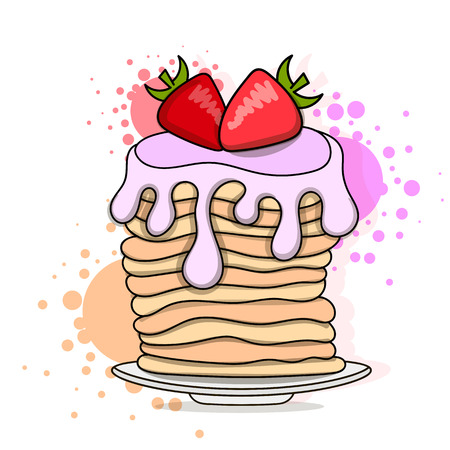 Vector illustration of pancakes. Baking with syrup and strawberries. The concept of Breakfast.のイラスト素材