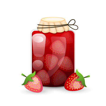 Strawberry Jam jar is flat style with logo lines for labels.Vector illustration.のイラスト素材