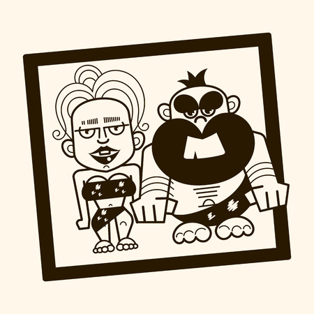 Pair of primitive archaic man and woman dressed in fur clothes and standing together. Romantic couple from Stone Age, cavemen. Vector illustrationのイラスト素材