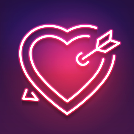 Bright Heart. Neon Sign. Retro Neon Heart Sign. Design Element For Happy Valentine's Day. Ready For Your Design, Greeting Card, Banner. Vector Illustration.のイラスト素材