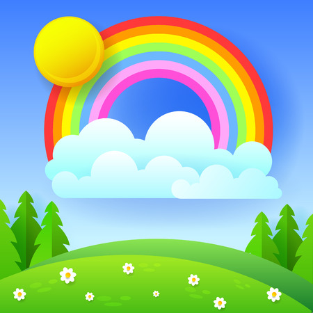 Beautiful Seasonal Background With Bright Rainbow, Flowers In Grass . Vector Illustrationのイラスト素材
