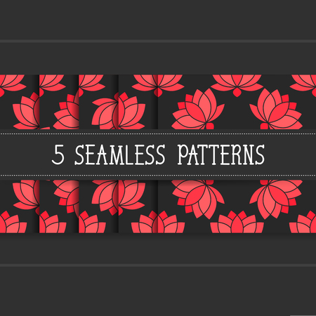 Set Of Five Seamless Patterns For Your Products And Business. Vector Illustration Of Lotusのイラスト素材