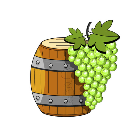 Sketch illustration on white background. Vector illustration. Isolated object. Vector wooden barrel with wine. Sketch of grapesのイラスト素材