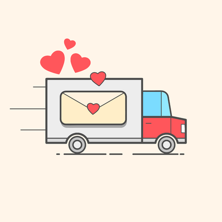 Card Of A Valentine s Day. Red Truck With Hearts. Love - Lettering Quote. Humor Poster, T-shirt Composition, Hand Drawn Style Print. Vector Illustration.のイラスト素材